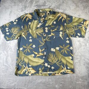 Seven Palm 100% Silk Hawaiian Shirt XL Blue Tropical Floral Camp Aloha